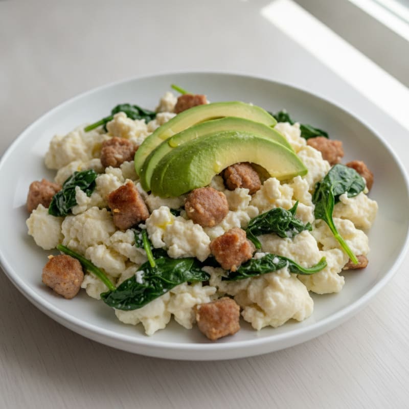 Egg White Scramble with Turkey Sausage and Sautéed Spinach