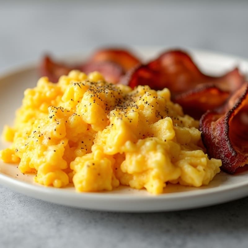 Fluffy Cheddar Scrambled Eggs with Crispy Bacon