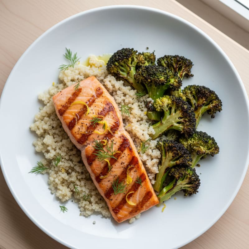 Grilled Salmon Fillet with Quinoa and Roasted Broccoli