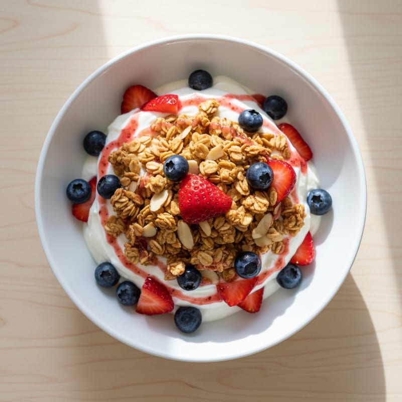 Greek Yogurt Parfait with Crunchy Almond Granola and Fresh Berries
