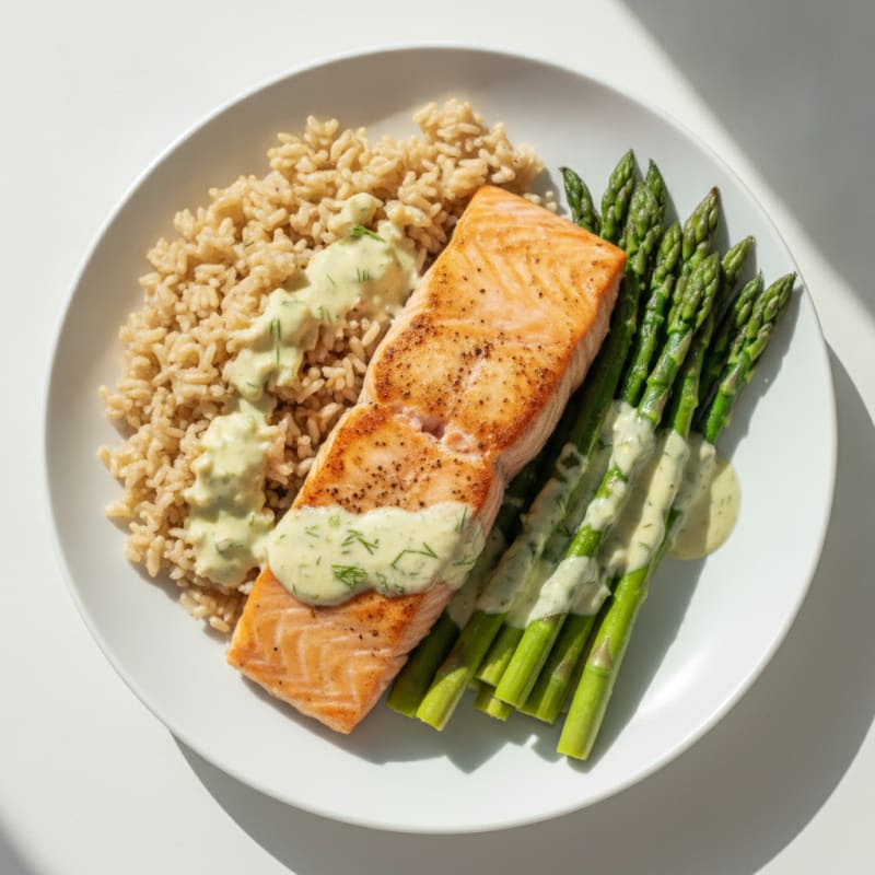 Pan-Seared Salmon with Steamed Asparagus and Brown Rice