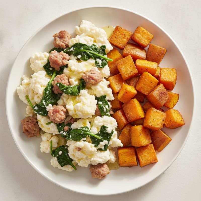 Egg White and Turkey Sausage Scramble with Spinach and Roasted Sweet Potatoes