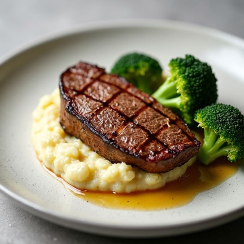 Seared Lean Beef with Roasted Broccoli and Cauliflower Mash