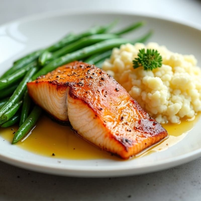 Seared Salmon with Steamed Green Beans and Cauliflower Mash
