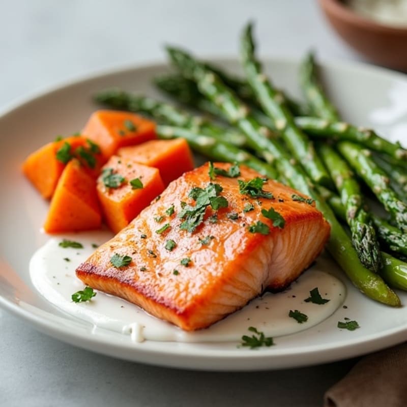 Seared Salmon with Roasted Sweet Potatoes and Asparagus