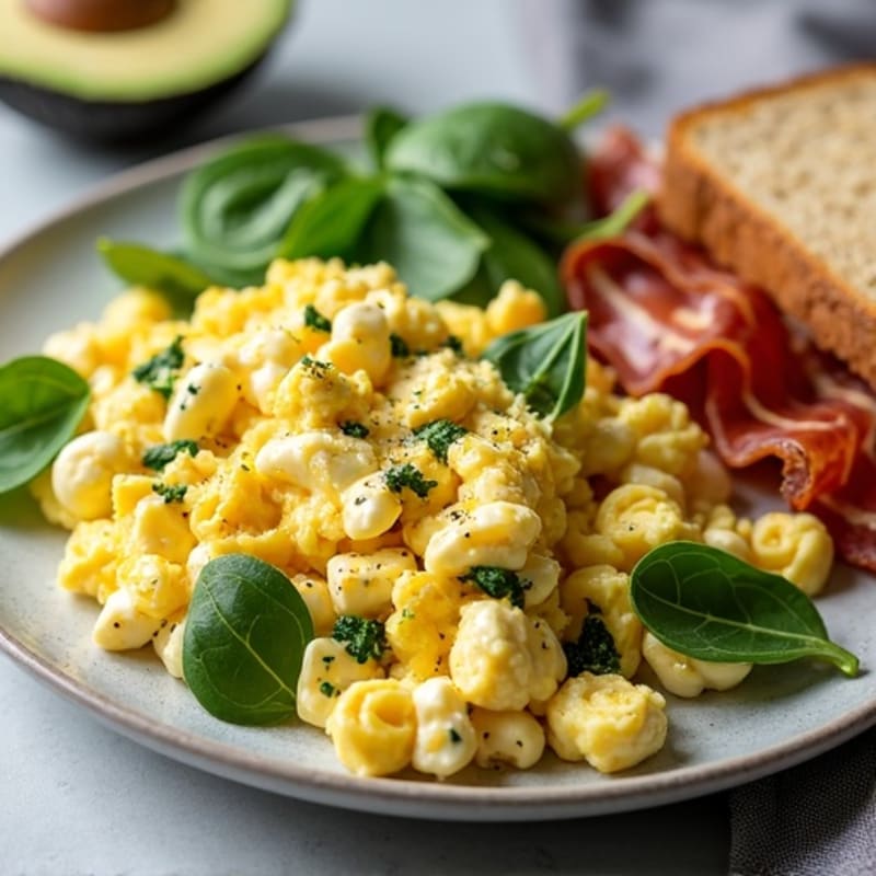 Egg White Spinach Scramble with Cottage Cheese, Turkey Bacon, Toast & Avocado