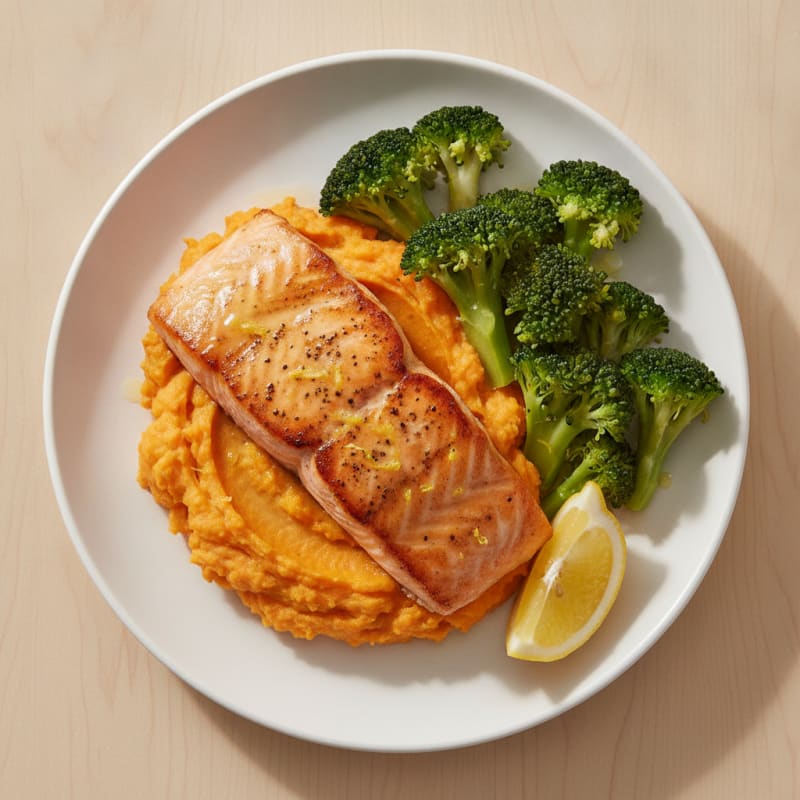 Seared Salmon Fillet with Steamed Broccoli and Mashed Sweet Potato