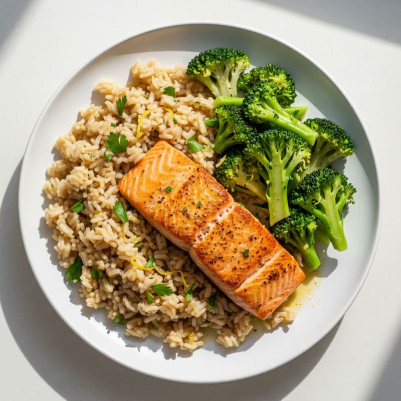 Seared Salmon with Steamed Broccoli and Lemon-Herb Brown Rice