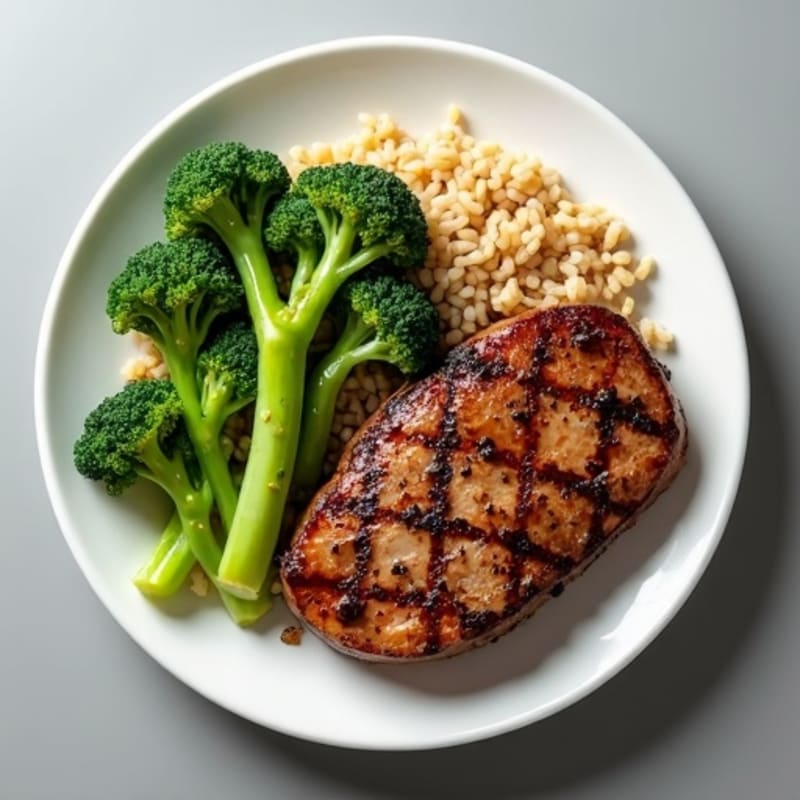 Seared Steak with Garlic Roasted Broccoli and Brown Rice