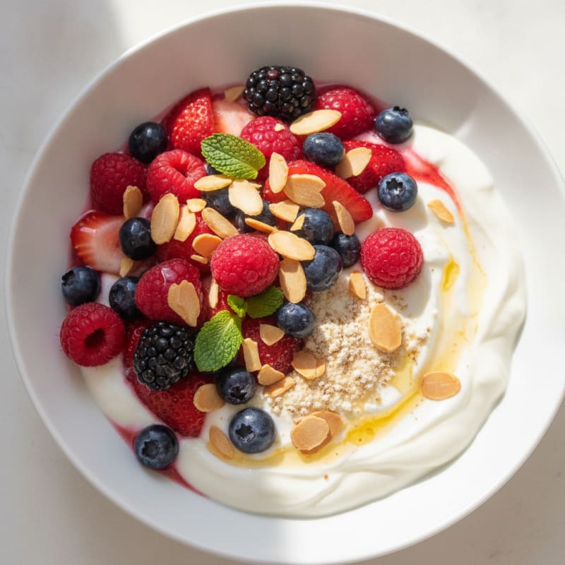 Greek Yogurt Protein Parfait with Mixed Berries and Almonds