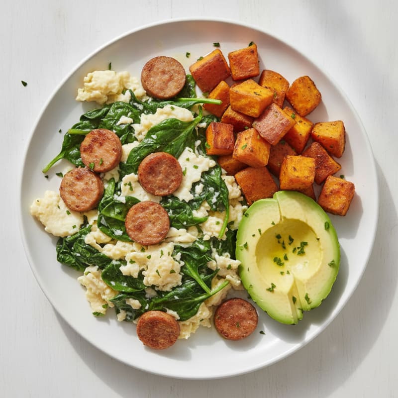 Egg White Scramble with Turkey Sausage and Sautéed Spinach