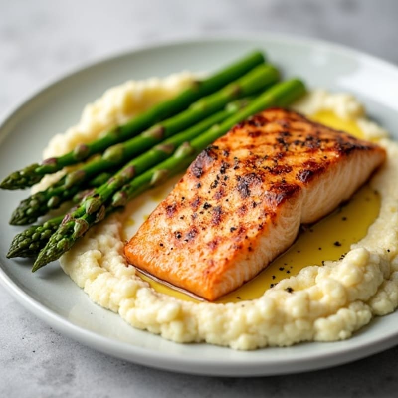 Seared Salmon with Steamed Asparagus and Cauliflower Mash
