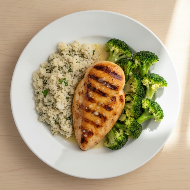 Grilled Chicken Breast with Steamed Broccoli and Quinoa
