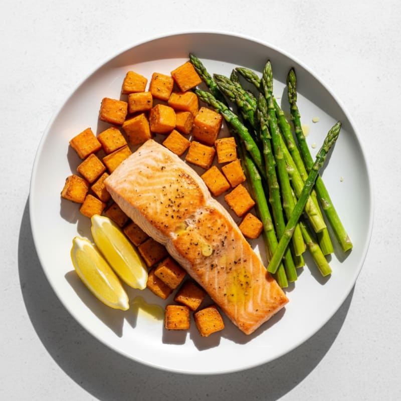 Seared Salmon Fillet with Roasted Sweet Potato and Asparagus