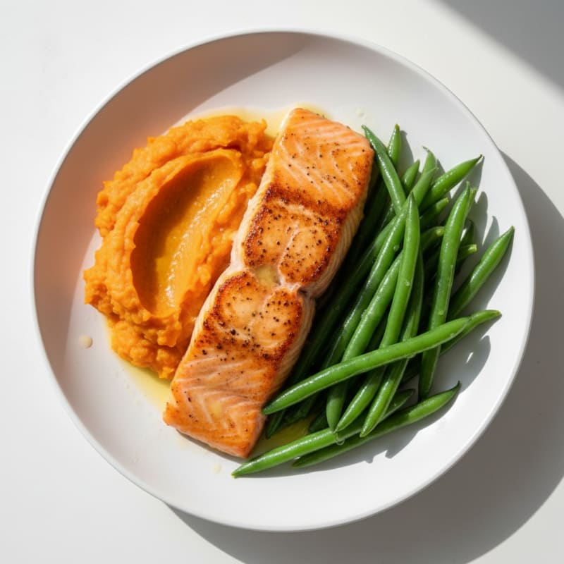 Seared Salmon with Steamed Green Beans and Sweet Potato Mash
