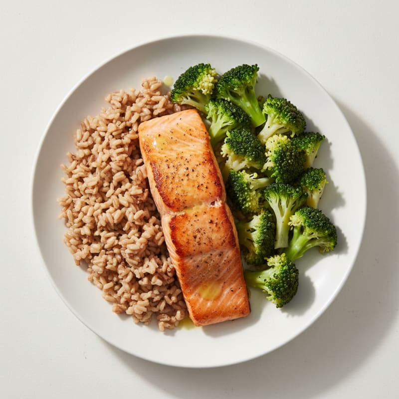 Pan-Seared Salmon with Steamed Broccoli and Brown Rice