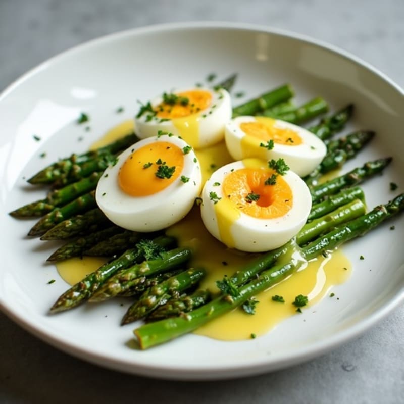 Poached Eggs with Silky Lemon-Herb Sauce and Roasted Asparagus