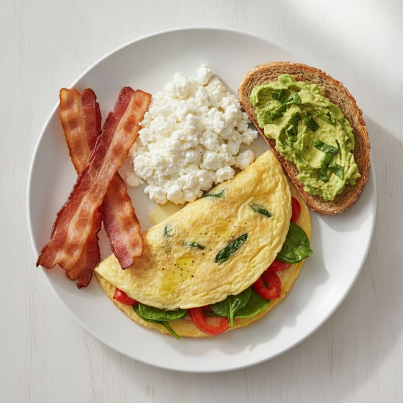 Egg White Vegetable Omelet with Cottage Cheese and Turkey Bacon