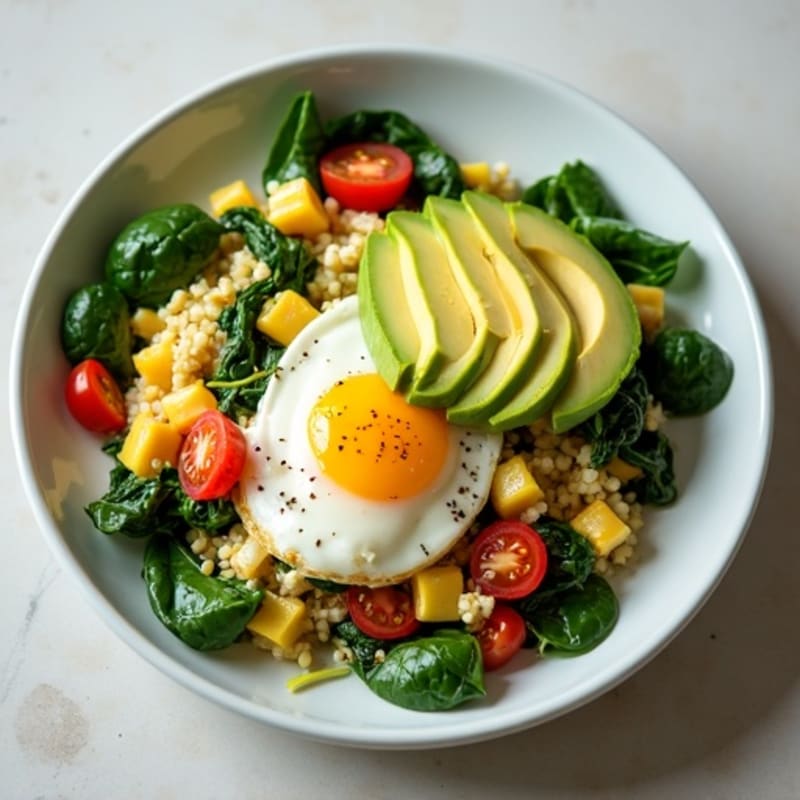 Egg White Veggie Scramble with Cottage Cheese and Sautéed Spinach