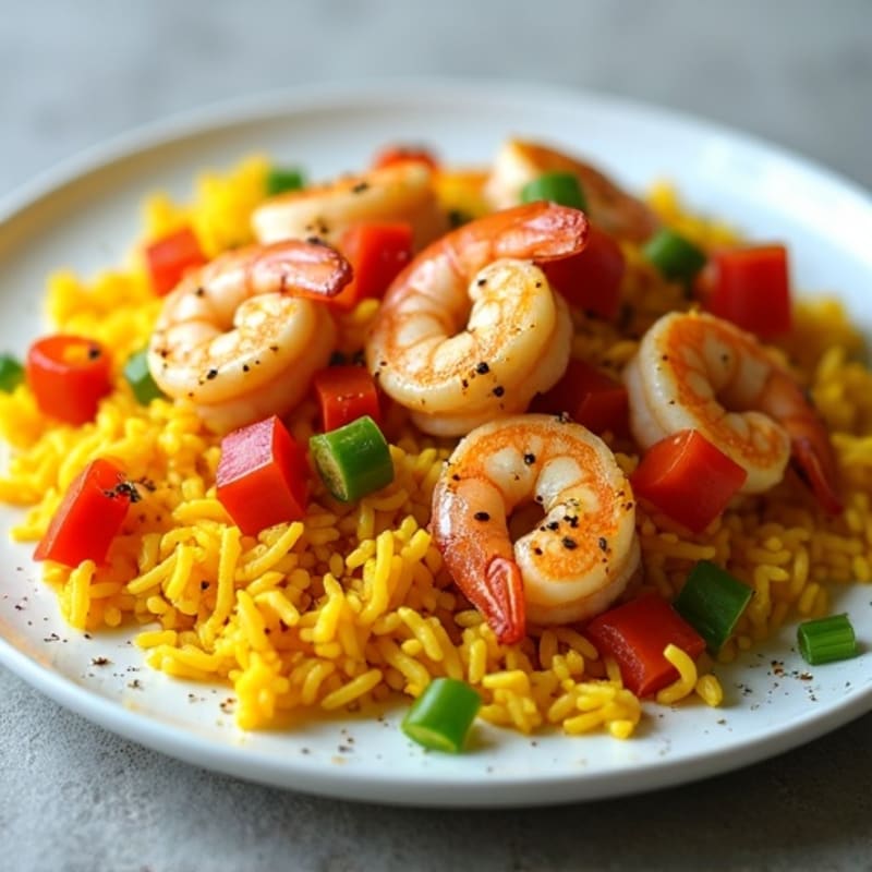 Pan-Seared Shrimp with Turmeric Rice and Sautéed Bell Peppers