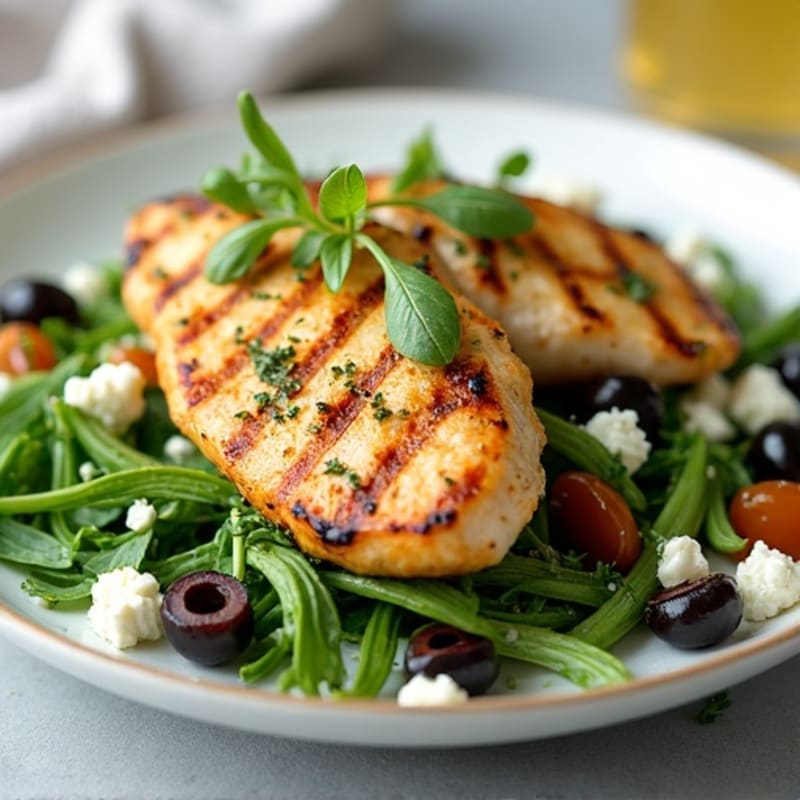 Grilled Lemon-Herb Chicken with Fresh Greens, Olives, and Feta