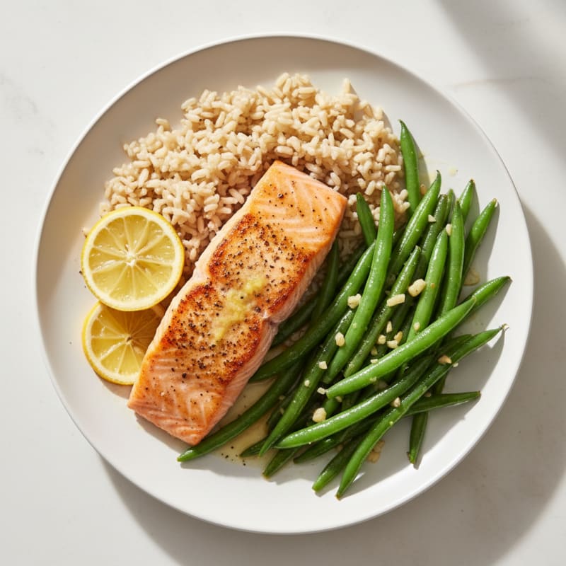 Seared Salmon with Garlic Green Beans and Brown Rice