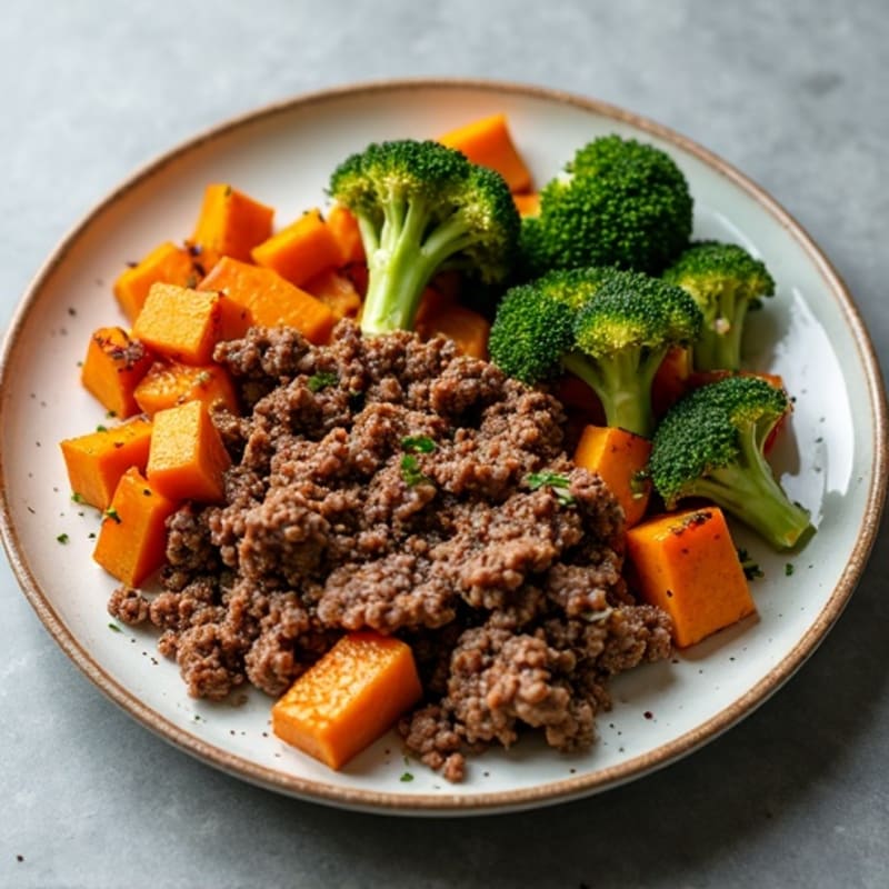 Lean Ground Beef Skillet with Roasted Sweet Potatoes and Crispy Broccoli