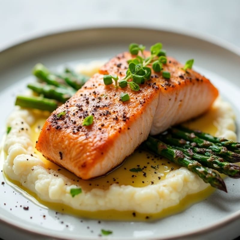 Seared Salmon Fillet with Roasted Asparagus and Cauliflower Mash