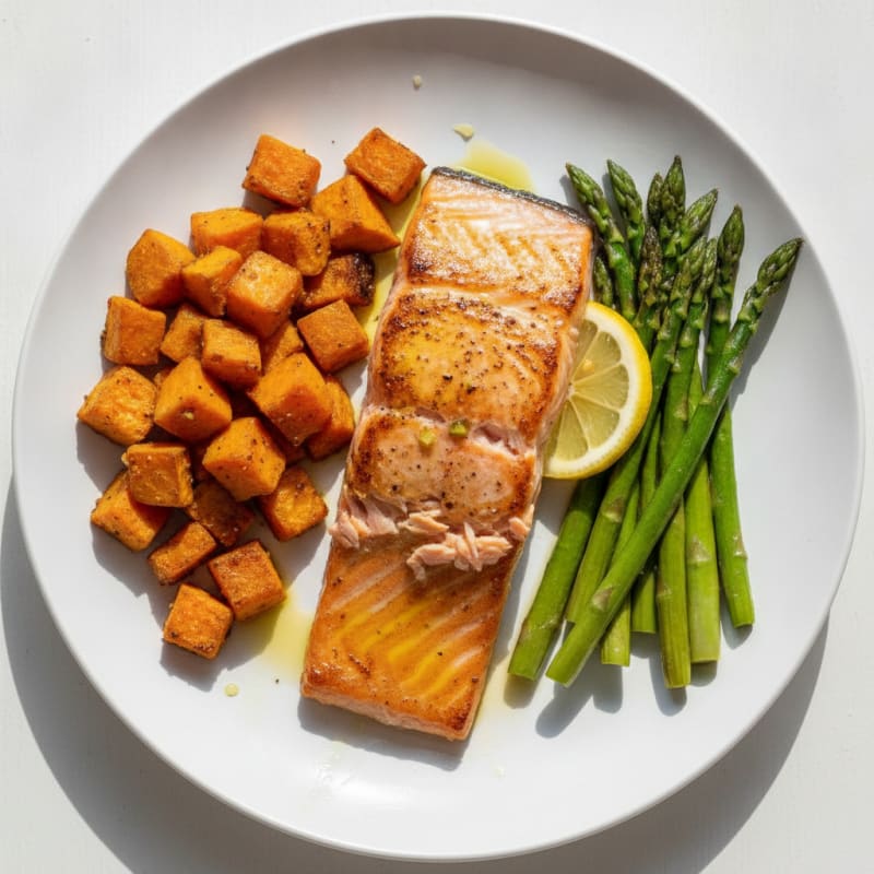 Seared Salmon with Roasted Sweet Potatoes and Asparagus