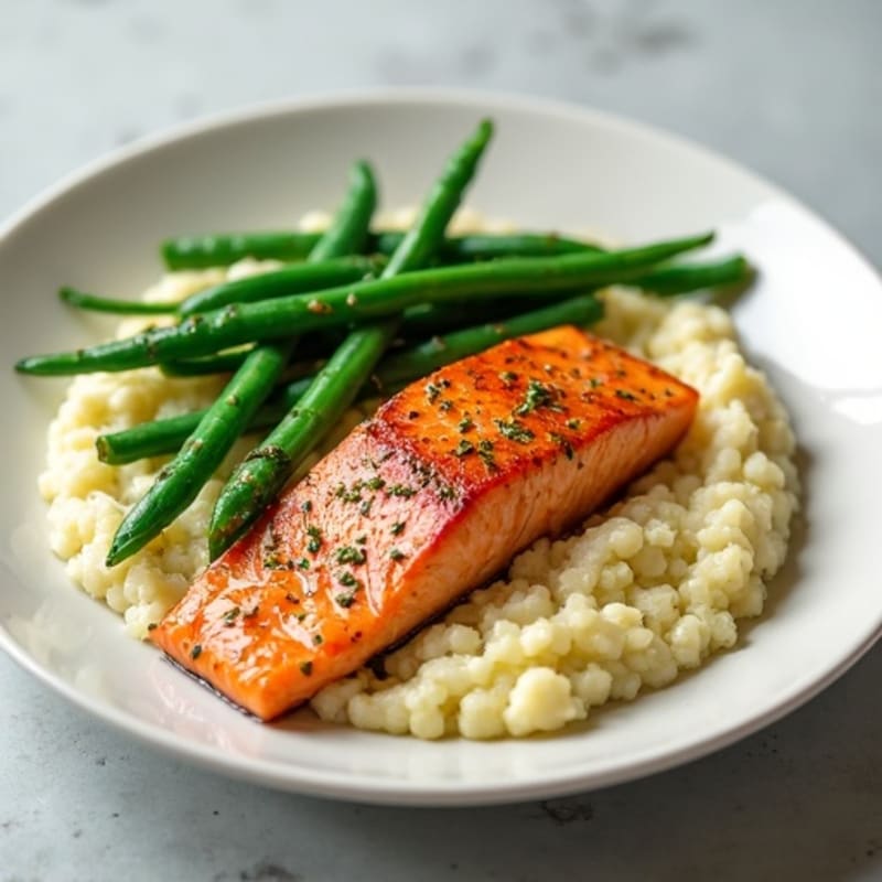 Seared Salmon with Garlic Green Beans and Cauliflower Mash