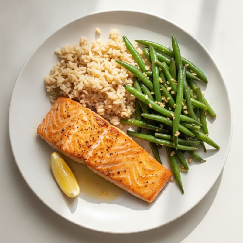 Seared Salmon Filet with Garlic Green Beans and Brown Rice