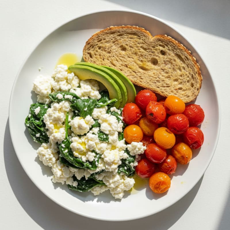 Egg White and Spinach Scramble with Cottage Cheese and Cherry Tomatoes