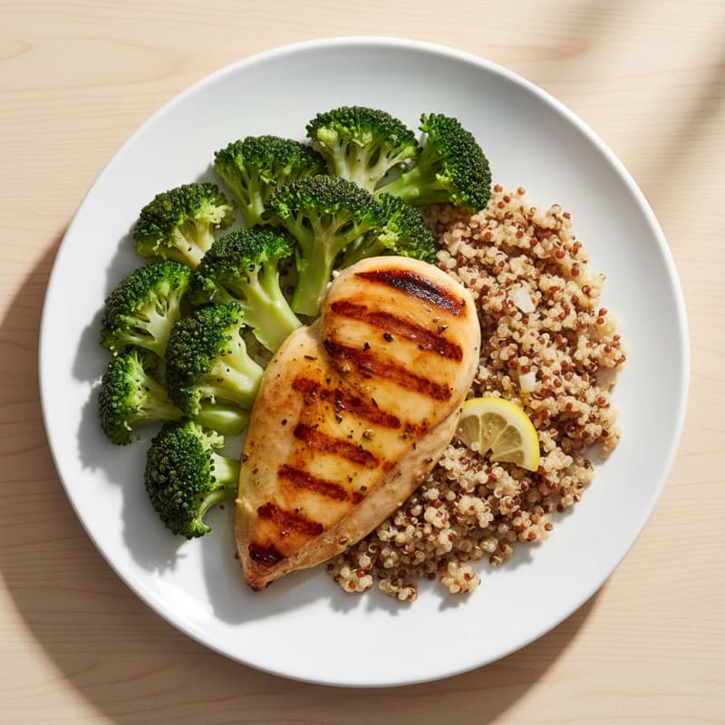 Grilled Chicken Breast with Steamed Broccoli and Quinoa
