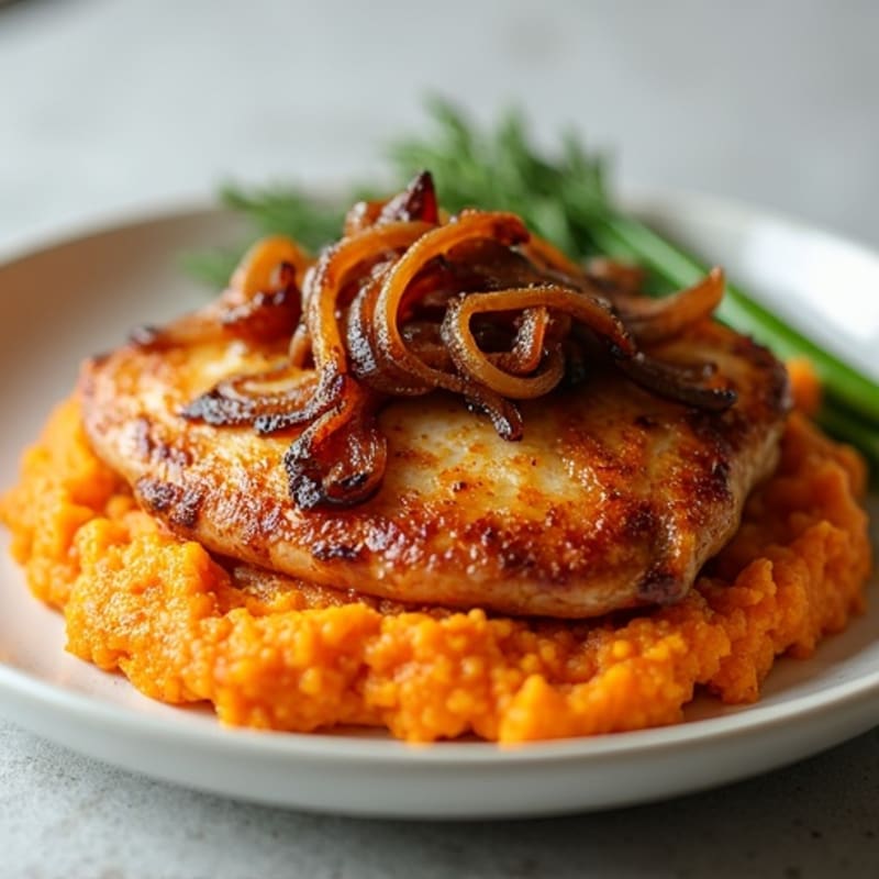 Pan-Seared Chicken with Caramelized Onions and Creamy Sweet Potato Mash