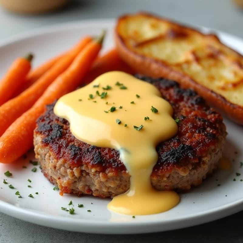 Savory Lean Beef Patties with Crispy Turkey Bacon, Creamy Cheese Sauce, and Roasted Root Vegetables
