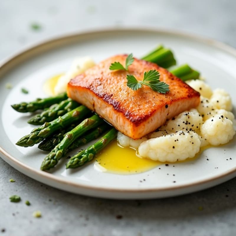 Seared Salmon with Steamed Asparagus and Cauliflower Mash