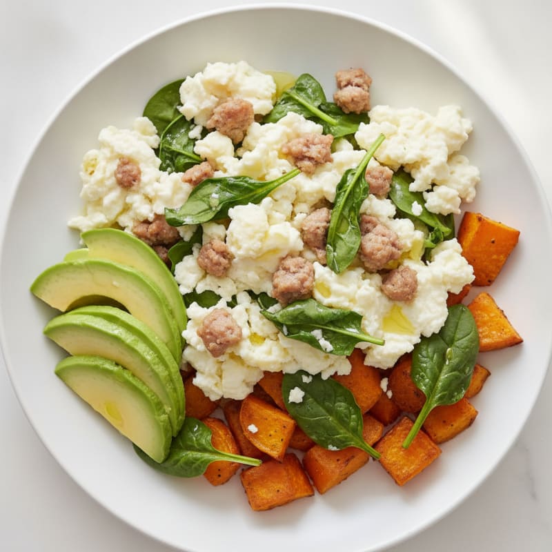 Egg White and Turkey Sausage Scramble with Roasted Sweet Potatoes