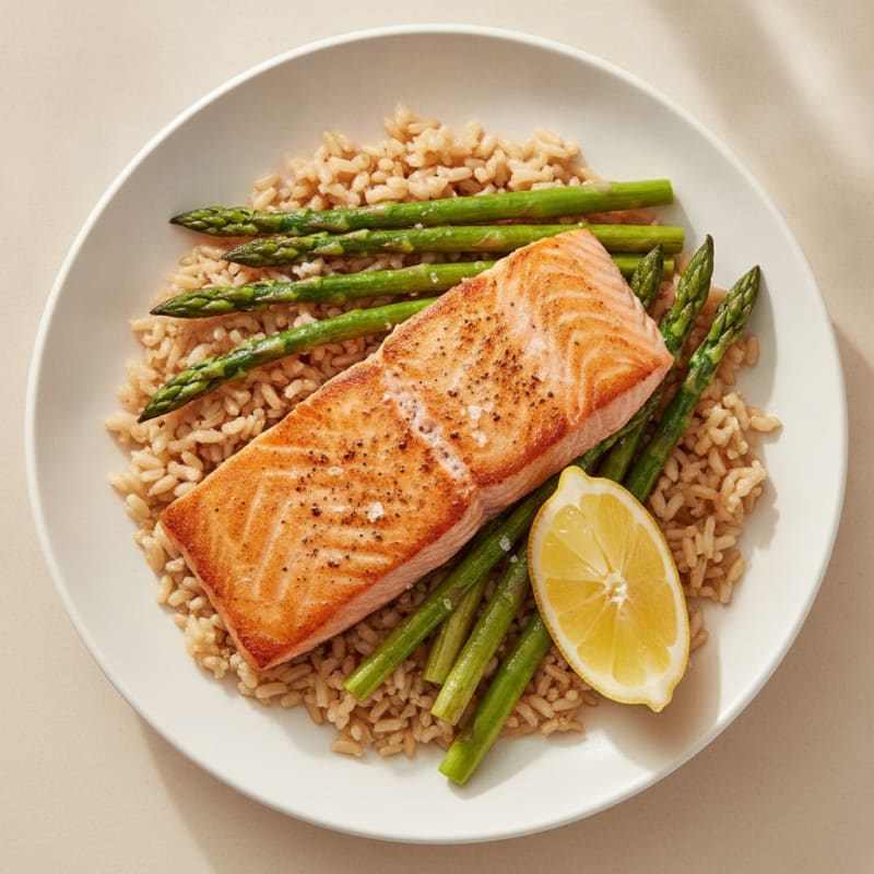 Seared Salmon Fillet with Asparagus and Brown Rice