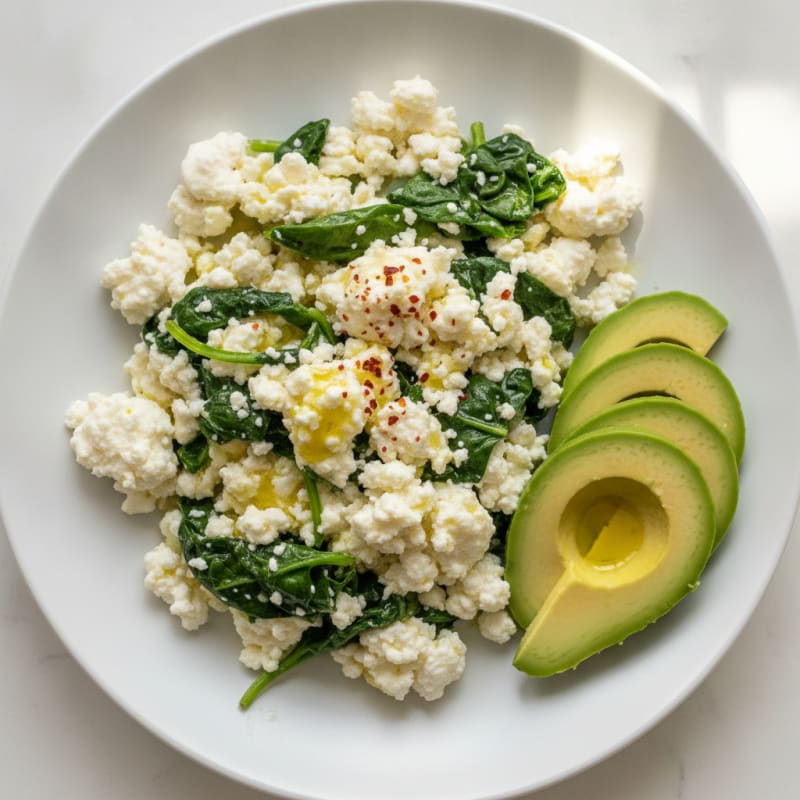 Egg White and Spinach Scramble with Cottage Cheese and Sliced Avocado