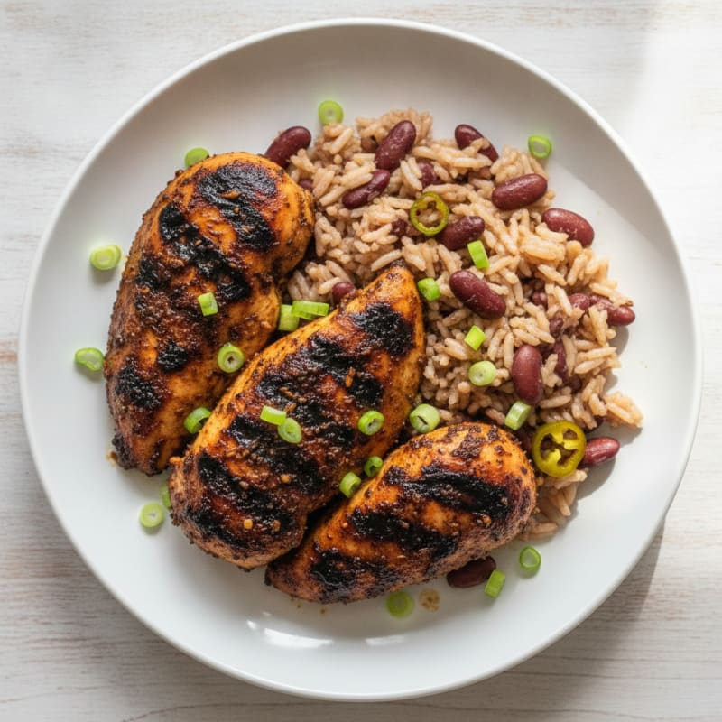 Jerk Chicken with Rice and Peas