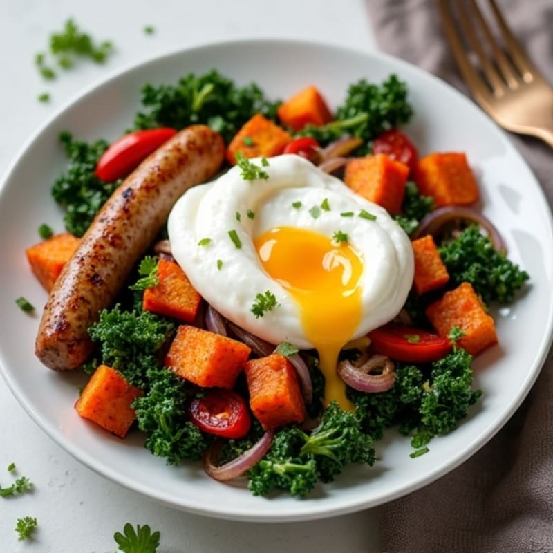 Crispy Sweet Potato and Kale Hash with Poached Eggs