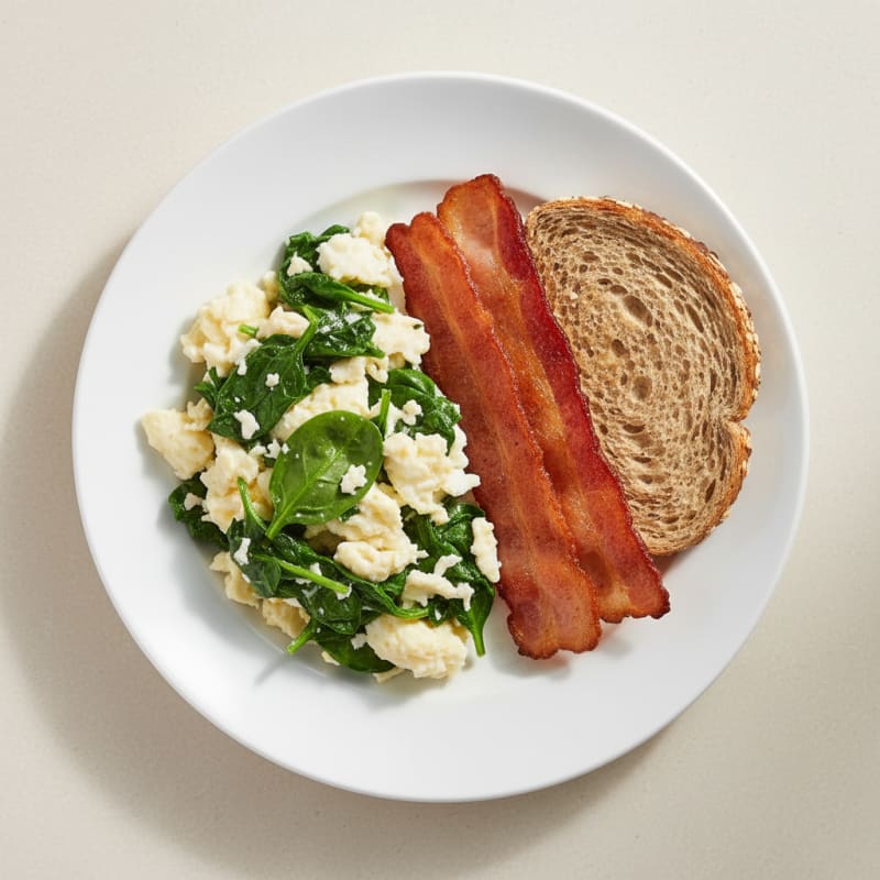 Scrambled Egg Whites with Sautéed Spinach and Turkey Bacon