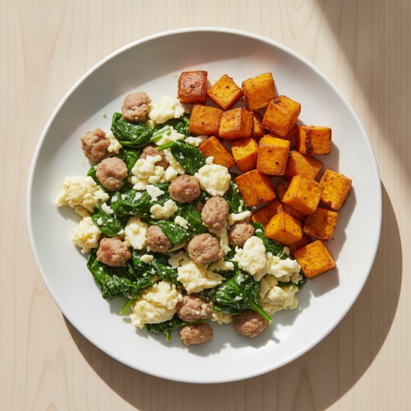 Egg White and Turkey Sausage Scramble with Spinach and Roasted Sweet Potato