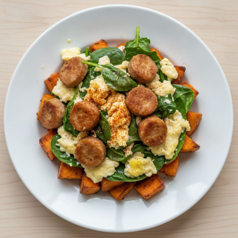 Crispy Turkey Sausage and Egg White Scramble with Roasted Sweet Potatoes