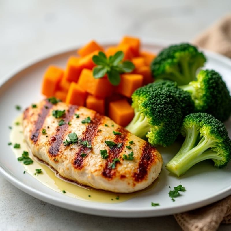 Grilled Chicken Breast with Roasted Sweet Potato and Broccoli