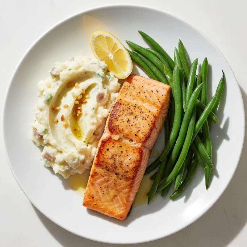 Seared Salmon Fillet with Steamed Green Beans and Garlic Mashed Potatoes