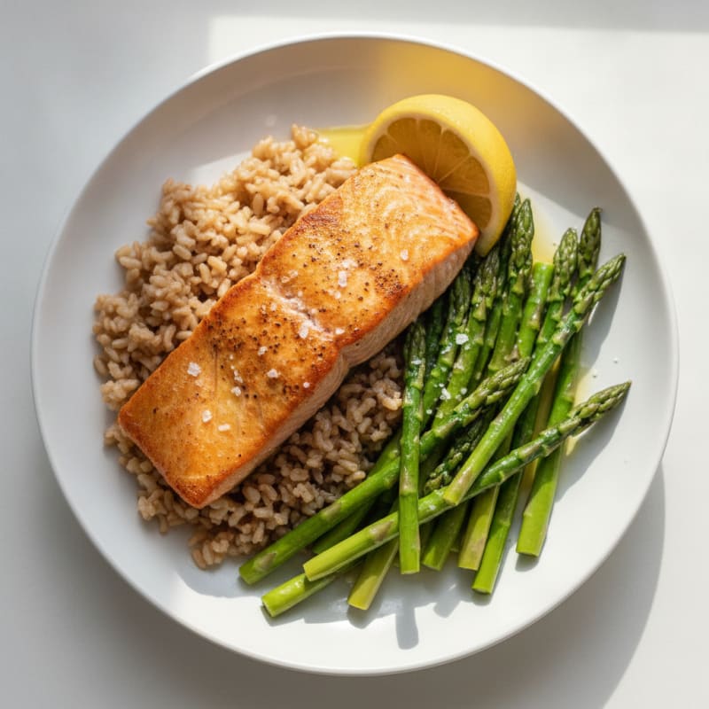 Seared Salmon with Steamed Asparagus and Brown Rice