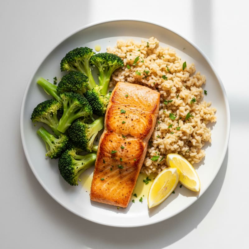 Seared Salmon with Steamed Broccoli and Herbed Brown Rice