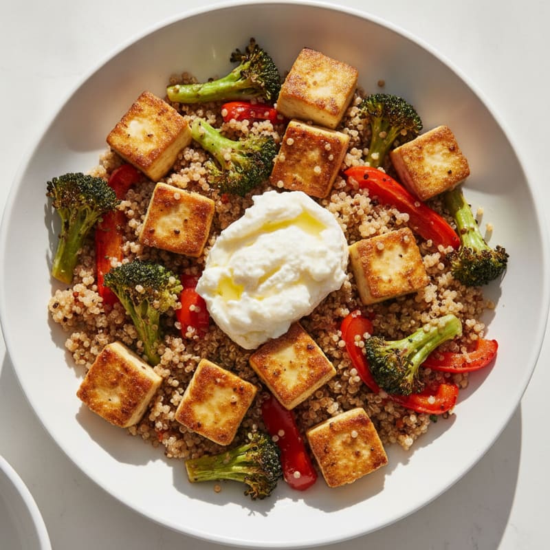 Seared Tofu and Quinoa Power Bowl with Roasted Vegetables and Goats Cheese