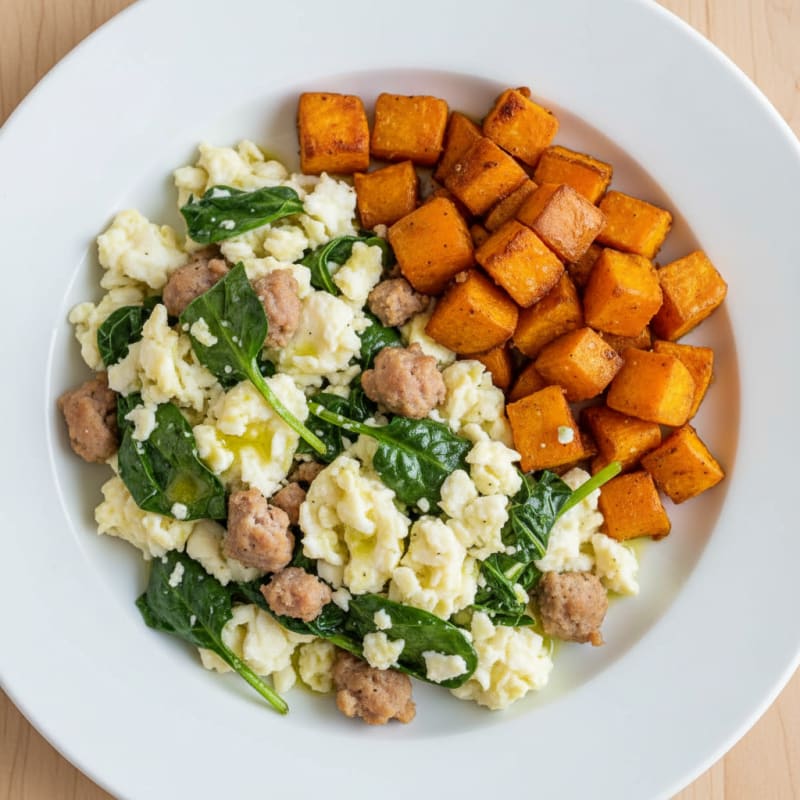 Egg White and Turkey Sausage Scramble with Spinach and Roasted Sweet Potato